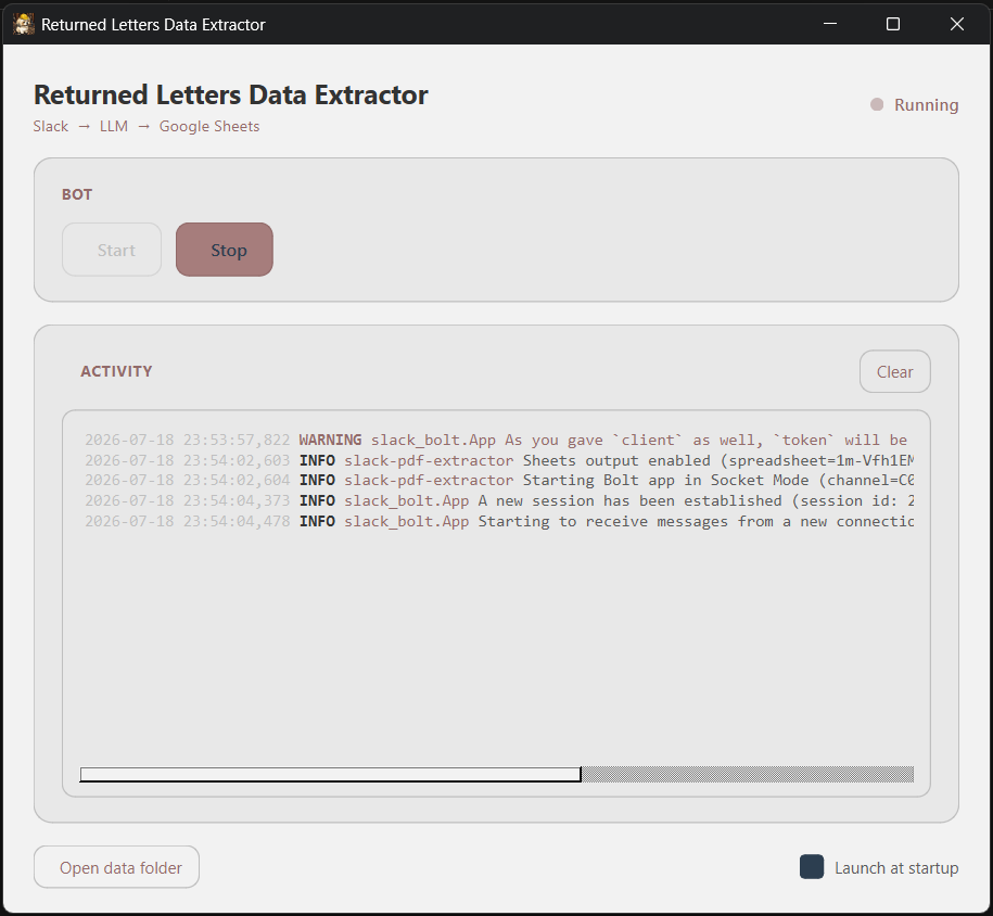 The Returned Letters Data Extractor desktop app: a tray-resident dashboard with Start and Stop controls, a live activity log, and a launch-at-startup toggle.