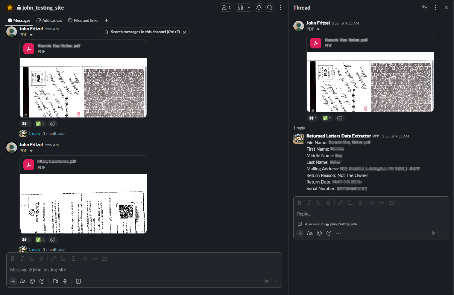 A returned-letter PDF dropped in Slack, with the bot's threaded reply listing the addressee's name, mailing address, return reason, return date, and serial number.