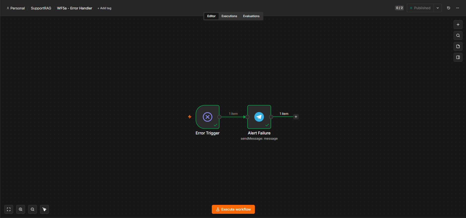 WF5a, the error handler: catches any workflow failure and alerts the team on Telegram.